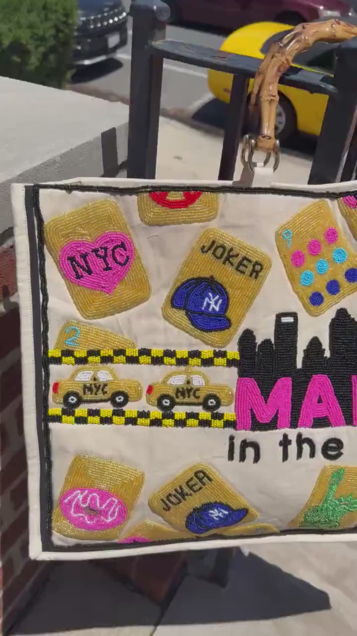 NYC XL Mahjong canvas tote bag,mahj in the city, beaded design, bam dot crak, holds mat, tiles, and racks, personalized gift, bamboo handle